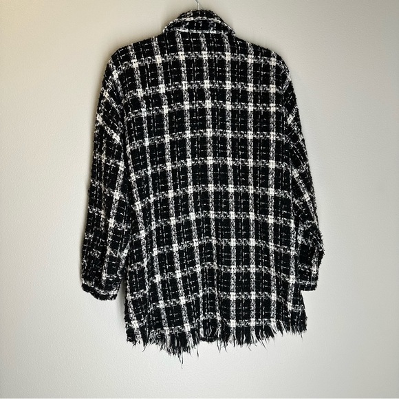 ZARA Tweed Plaid Raw Hem Shirt Jacket Shacket Black White Snap Buttons Size XS - Picture 6 of 11